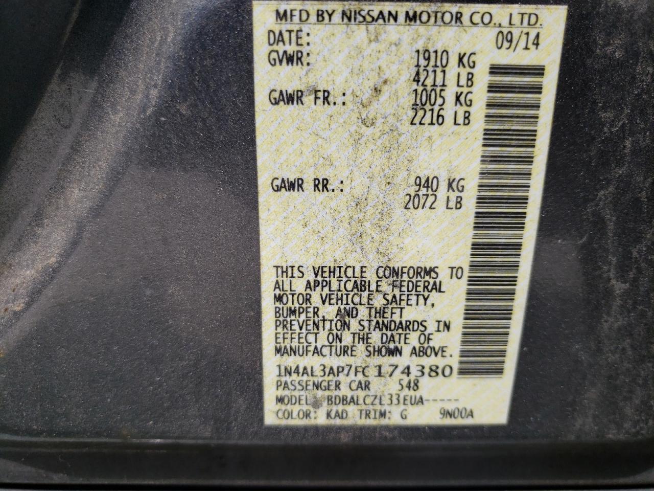 Photo 10 from auction – 2015 NISSAN ALTIMA 2.5 with VIN 1N4AL3AP7FC174380