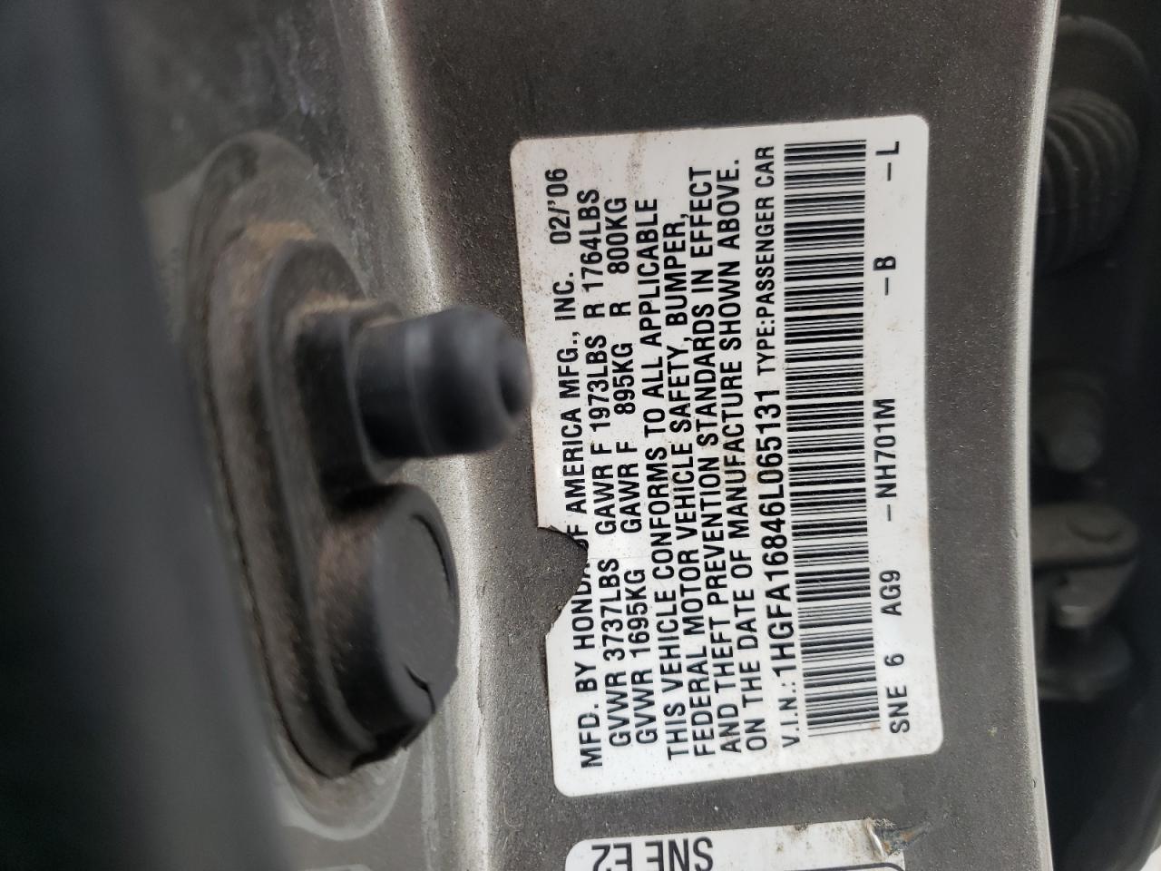 Photo 10 from auction – 2006 HONDA CIVIC EX with VIN 1HGFA16846L065131