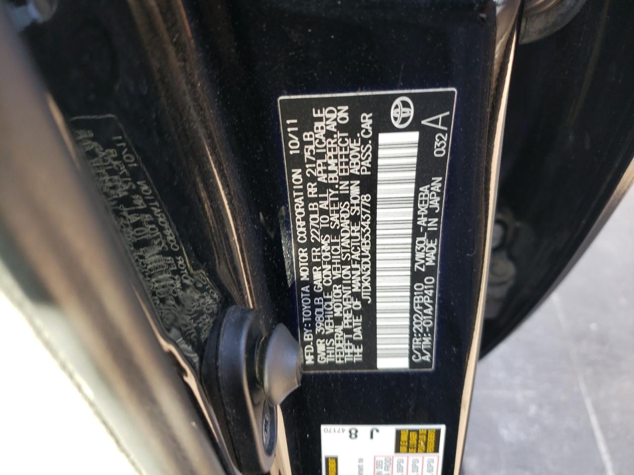 Photo 10 from auction – 2011 TOYOTA PRIUS with VIN JTDKN3DU4B5343778