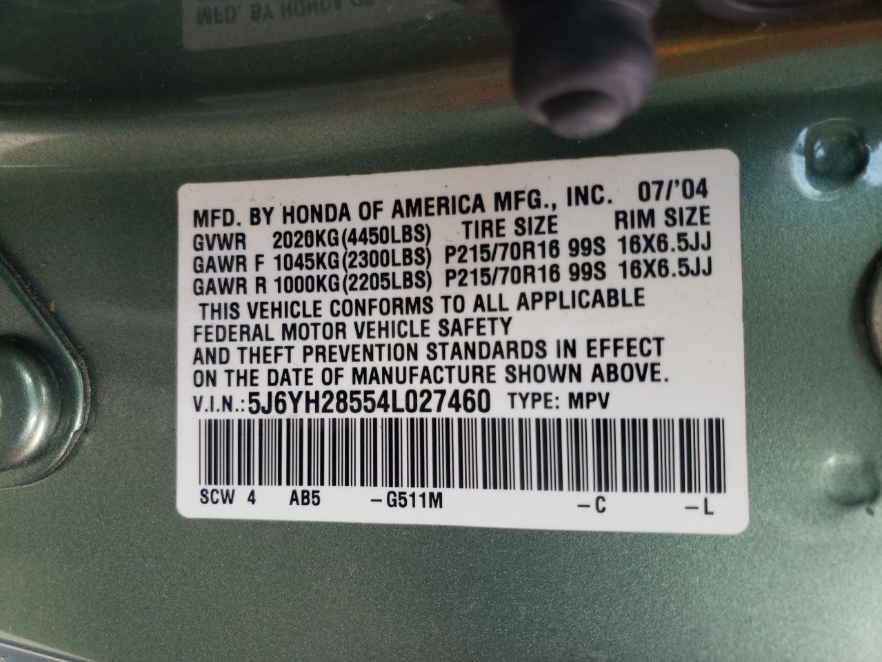 Photo 10 from auction – 2004 HONDA ELEMENT EX with VIN 5J6YH28554L027460