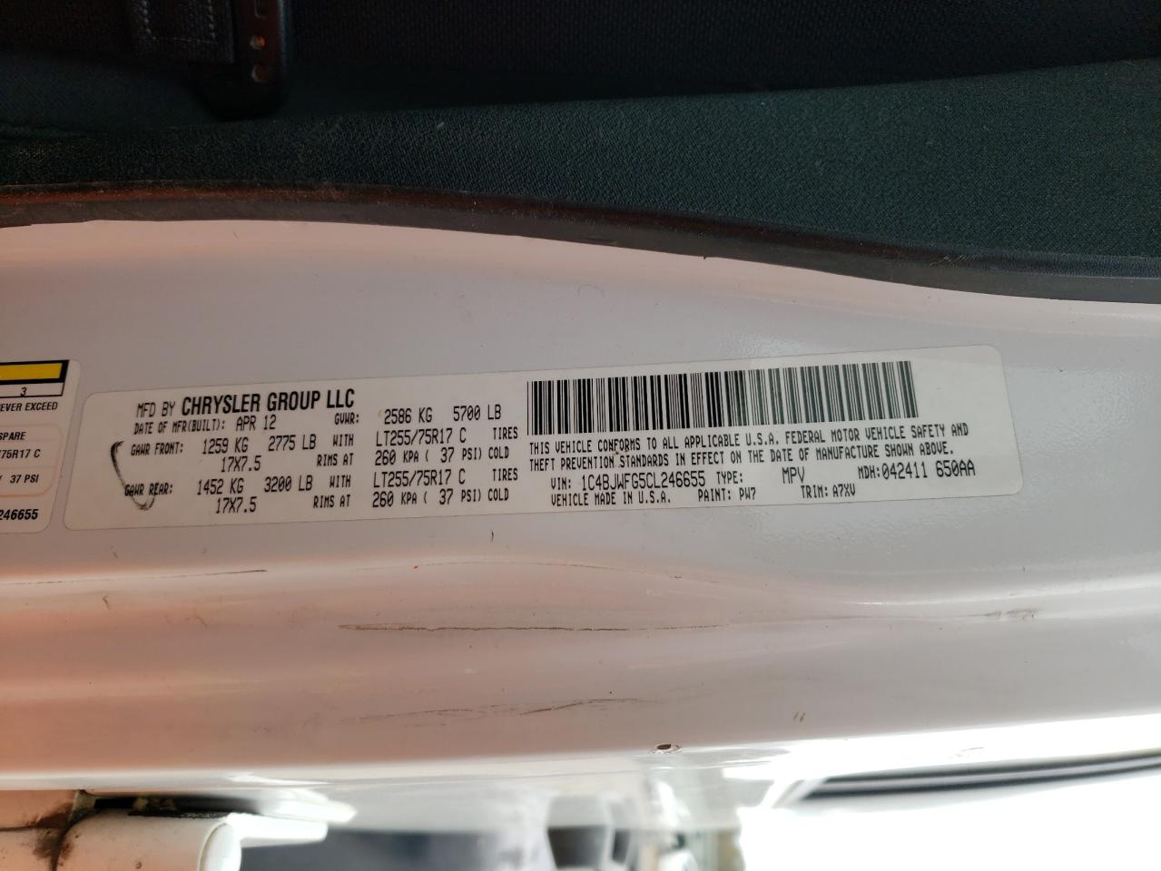 Photo 10 from auction – 2012 JEEP WRANGLER U with VIN 1C4BJWFG5CL246655