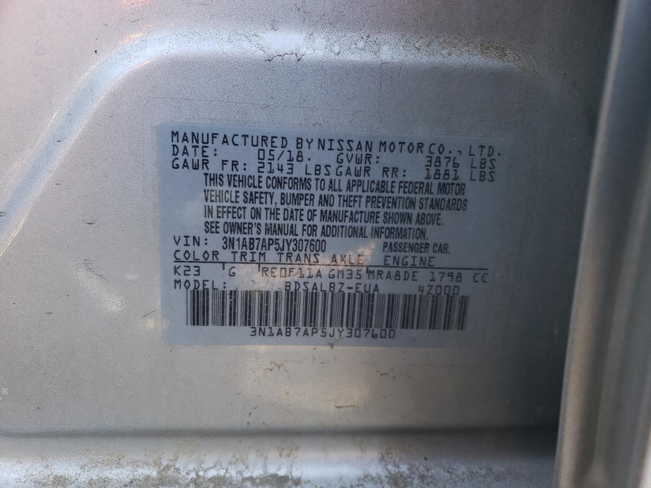 Photo 10 from auction – 2018 NISSAN SENTRA S with VIN 3N1AB7AP5JY307600