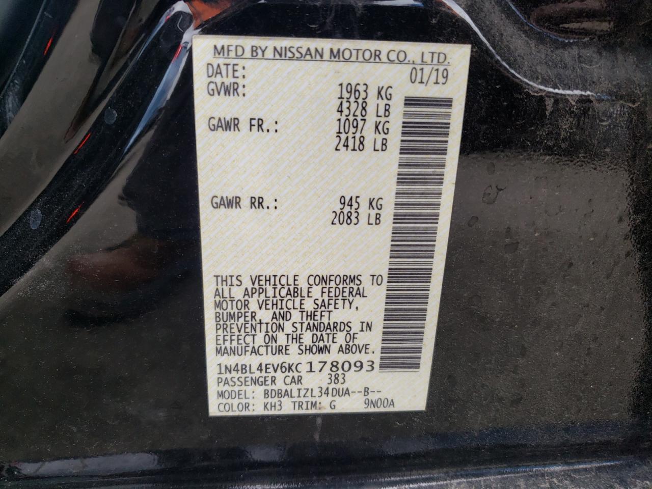 Photo 10 from auction – 2019 NISSAN ALTIMA SL with VIN 1N4BL4EV6KC178093