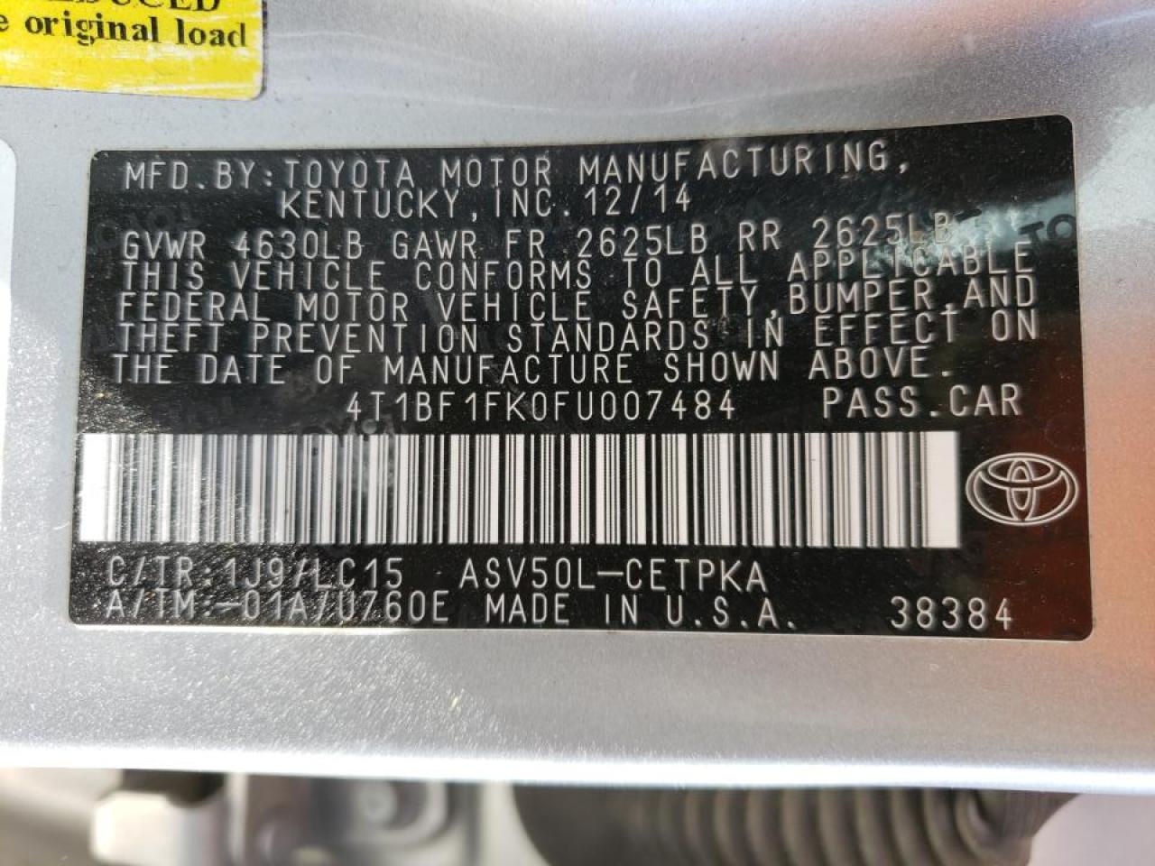 Photo 10 from auction – 2015 TOYOTA CAMRY LE with VIN 4T1BF1FK0FU007484