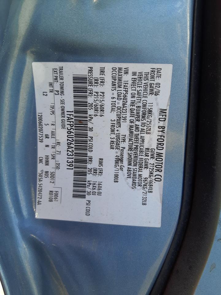 Photo 10 from auction – 2006 FORD TAURUS SEL with VIN 1FAFP56U26A231391