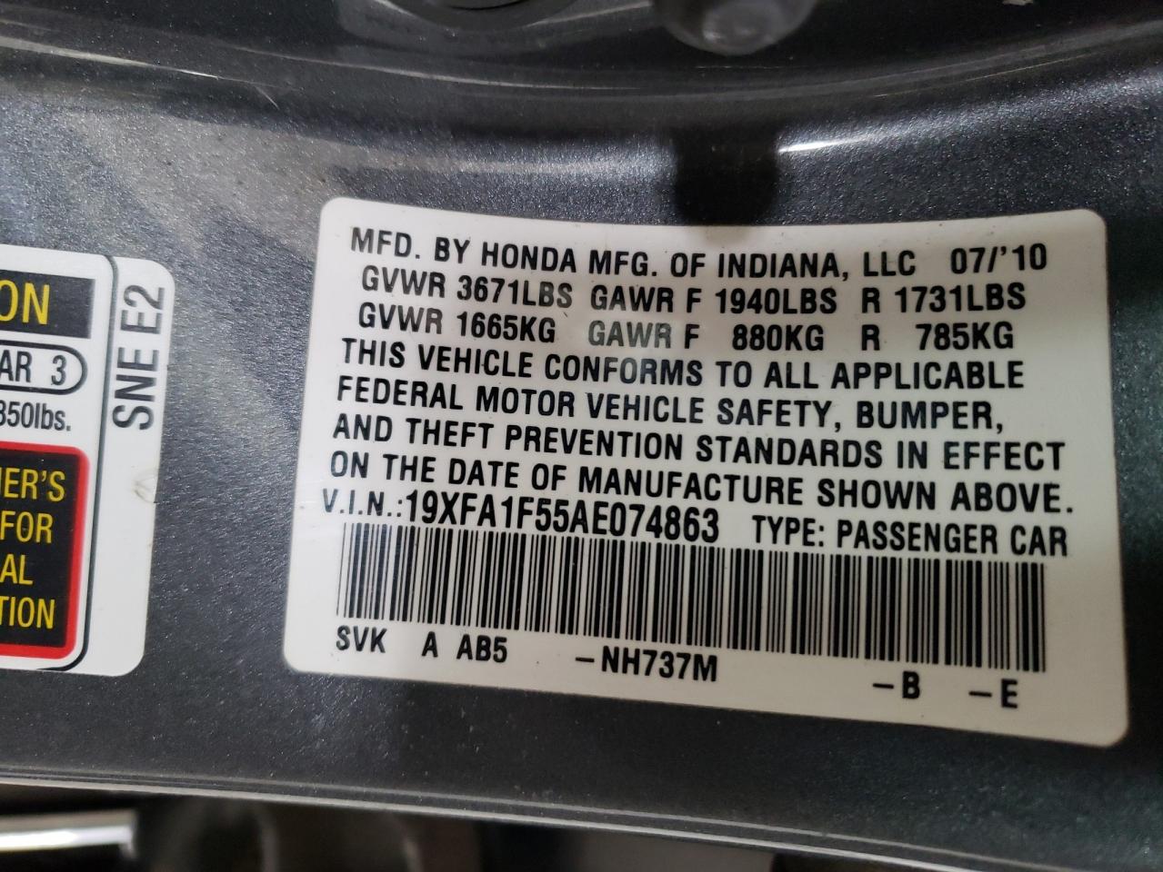 Photo 10 from auction – 2010 HONDA CIVIC LX with VIN 19XFA1F55AE074863