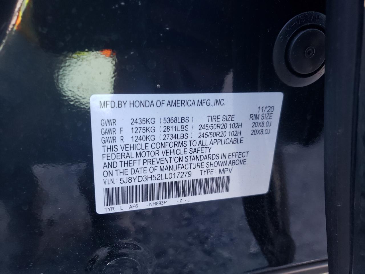 Photo 10 from auction – 2020 ACURA MDX TECHNO with VIN 5J8YD3H52LL017279