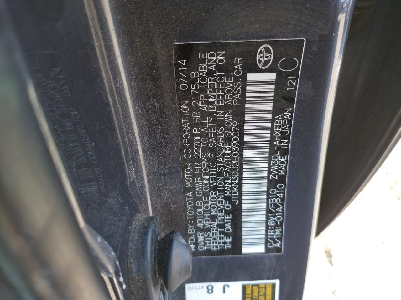 Photo 10 from auction – 2014 TOYOTA PRIUS with VIN JTDKN3DU2E0390079