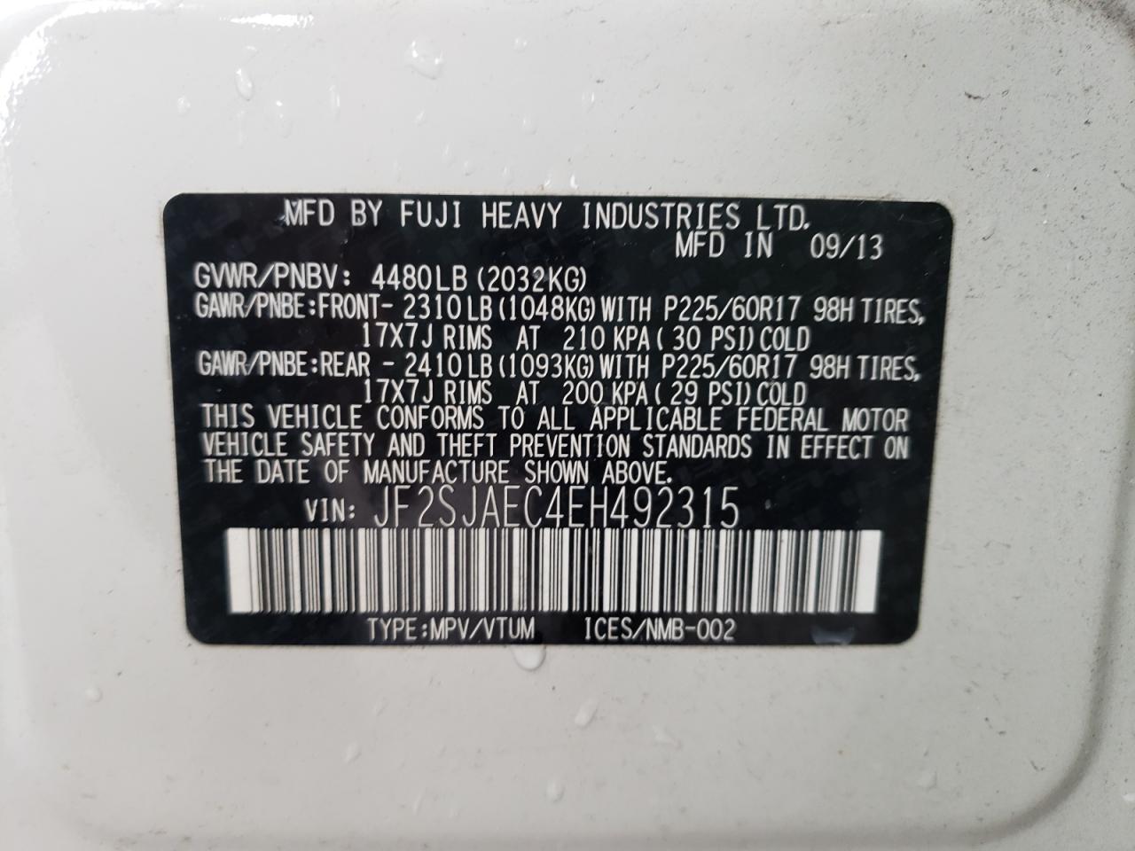 Photo 10 from auction – 2014 SUBARU FORESTER 2 with VIN JF2SJAEC4EH492315