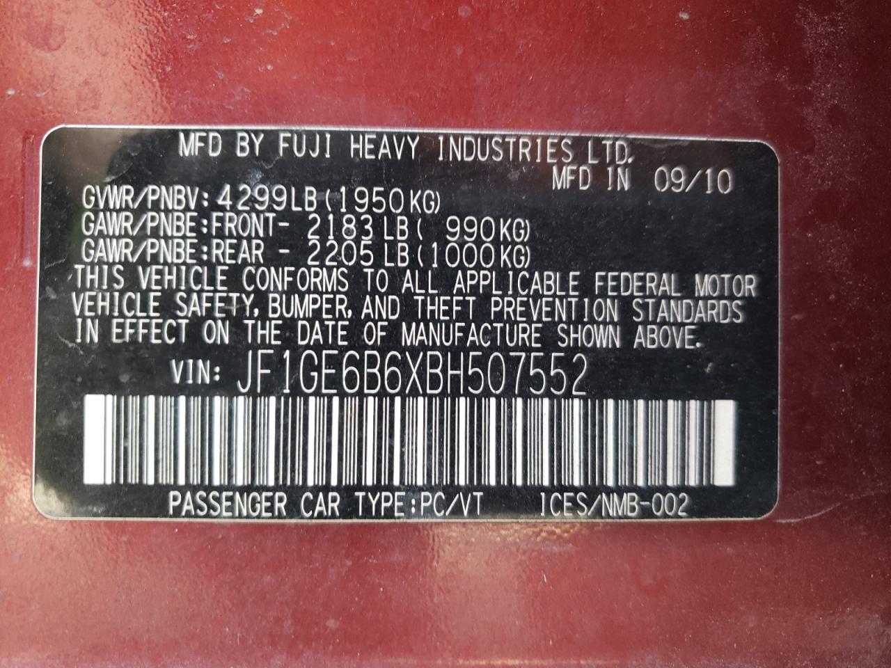 Photo 10 from auction – 2011 SUBARU IMPREZA 2. with VIN JF1GE6B6XBH507552