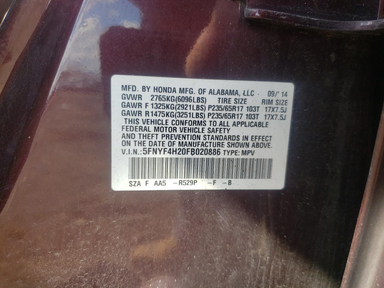 Photo 10 from auction – 2015 HONDA PILOT LX with VIN 5FNYF4H20FB020886