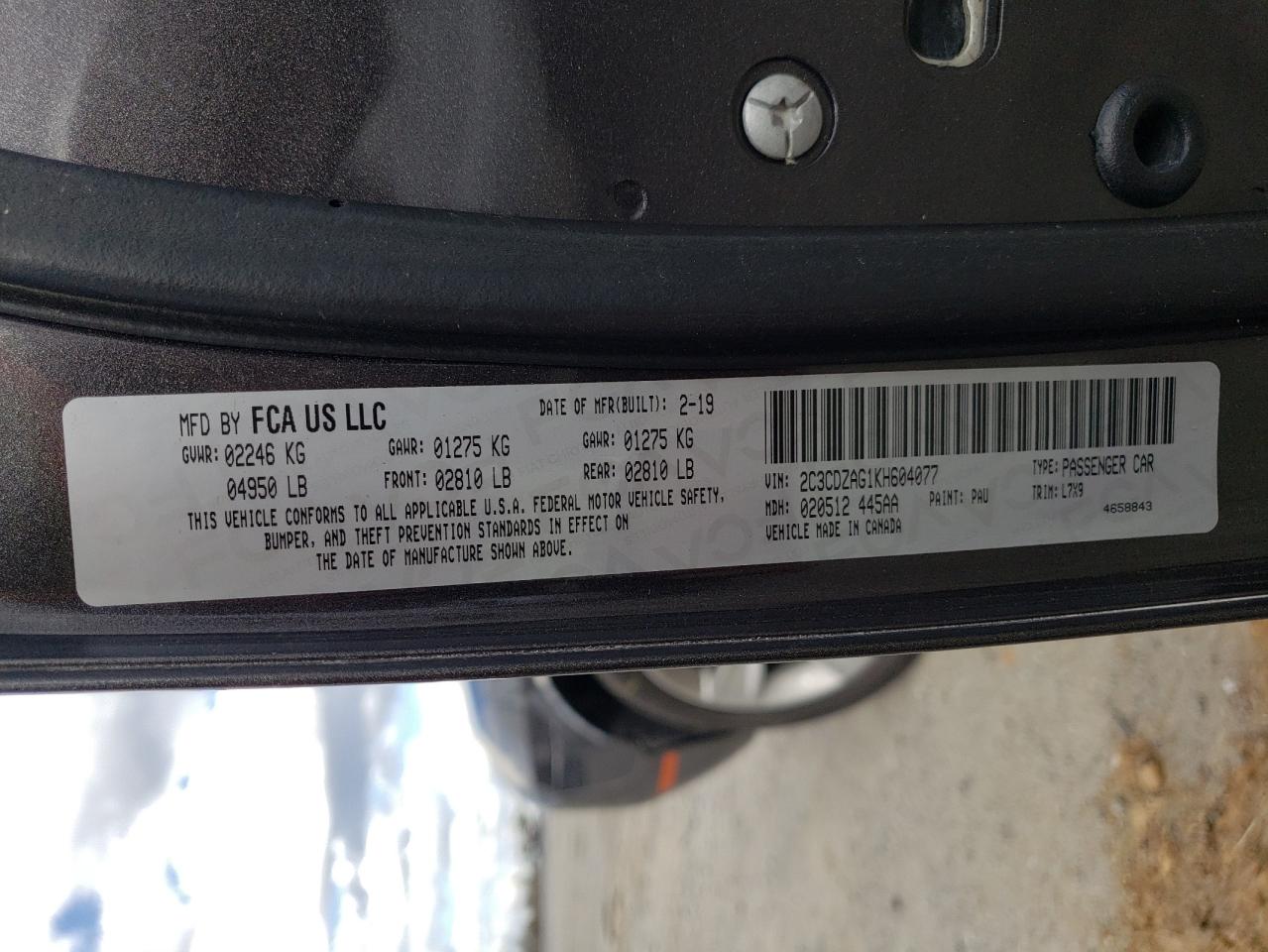 Photo 10 from auction – 2019 DODGE CHALLENGER with VIN 2C3CDZAG1KH604077