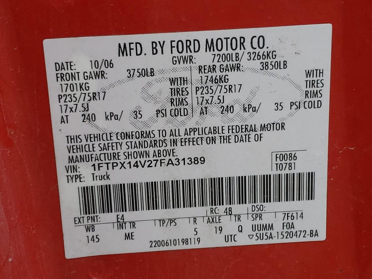 Photo 10 from auction – 2007 FORD F150 with VIN 1FTPX14V27FA31389