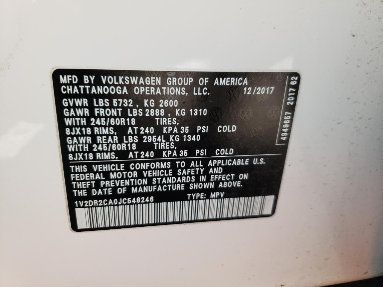 Photo 10 from auction – 2018 VOLKSWAGEN ATLAS SE with VIN 1V2DR2CA0JC548246