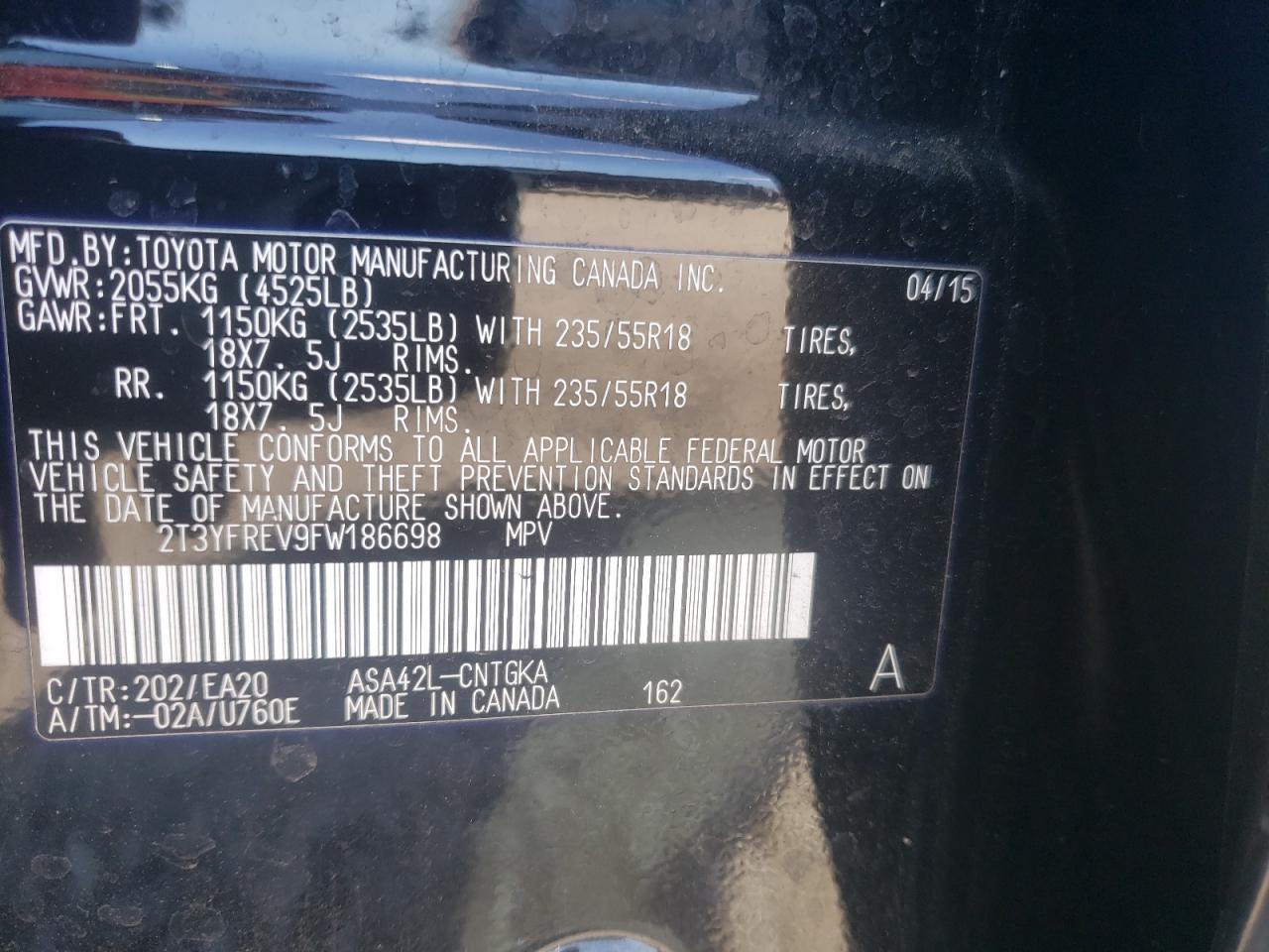 Photo 10 from auction – 2015 TOYOTA RAV4 LIMIT with VIN 2T3YFREV9FW186698