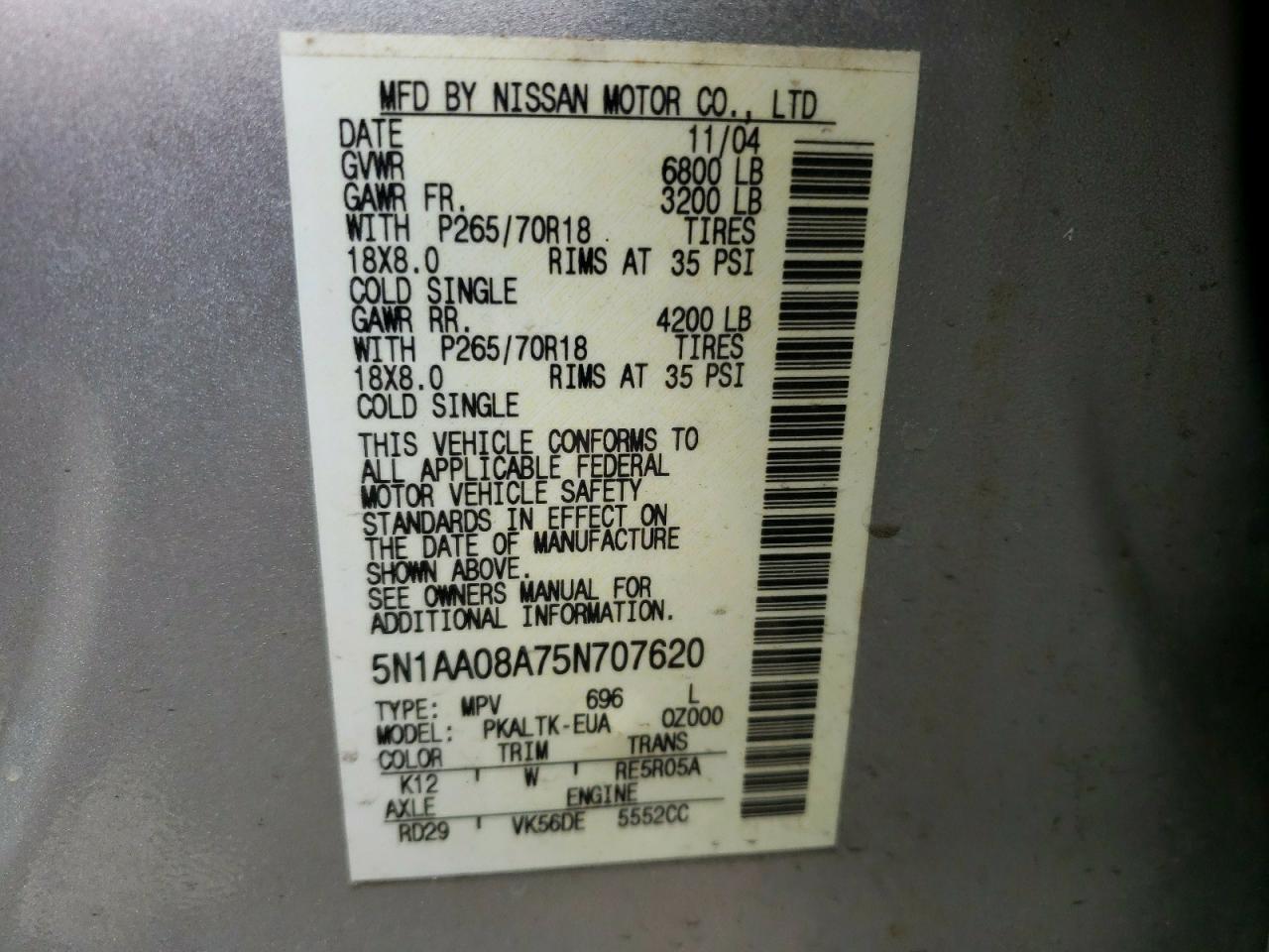 Photo 10 from auction – 2005 NISSAN ARMADA SE with VIN 5N1AA08A75N707620