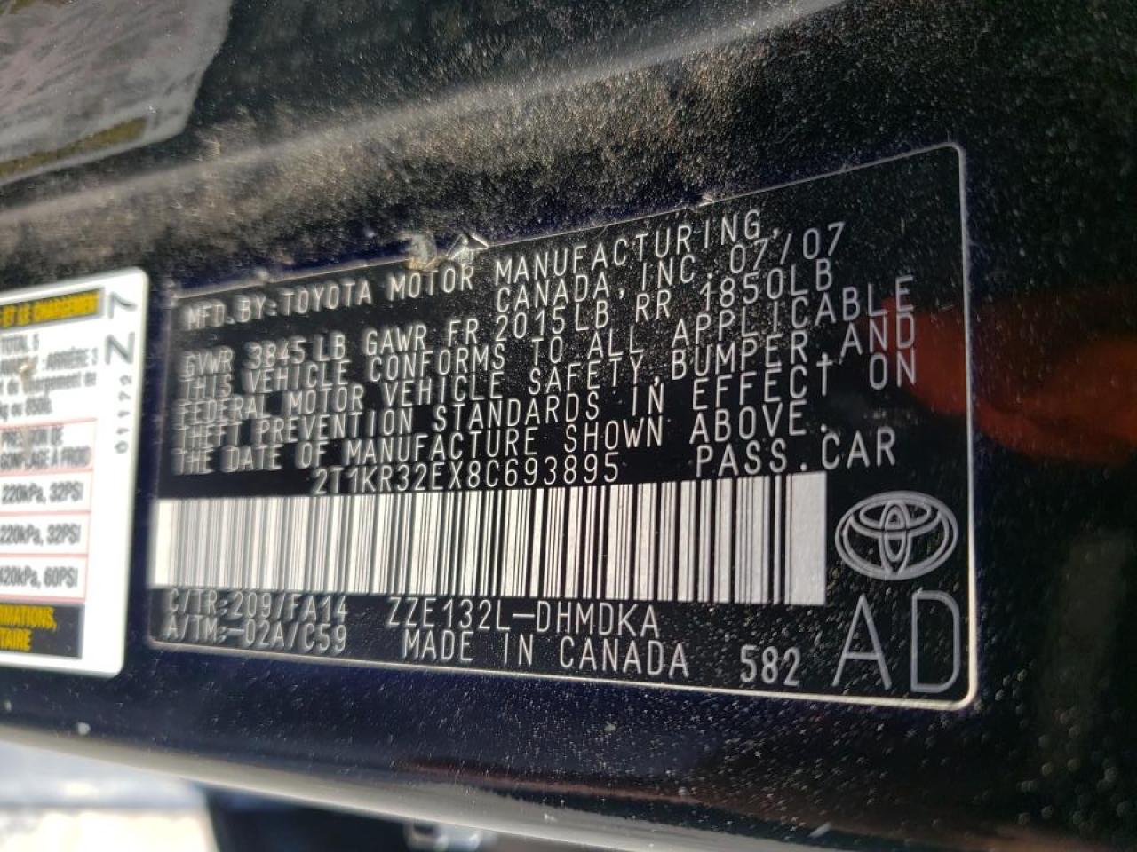 Photo 10 from auction – 2008 TOYOTA COROLLA MA with VIN 2T1KR32EX8C693895