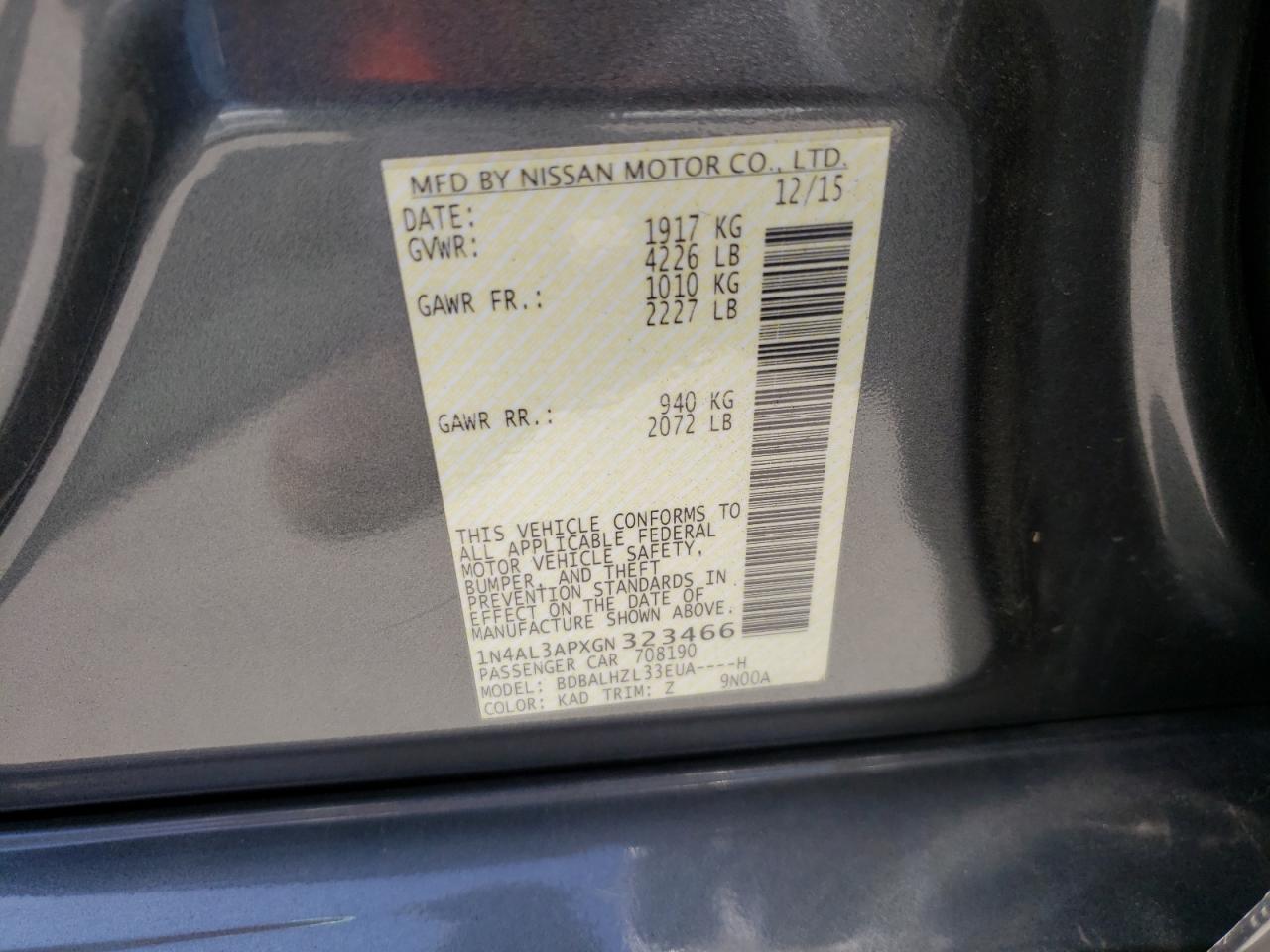 Photo 10 from auction – 2016 NISSAN ALTIMA 2.5 with VIN 1N4AL3APXGN323466