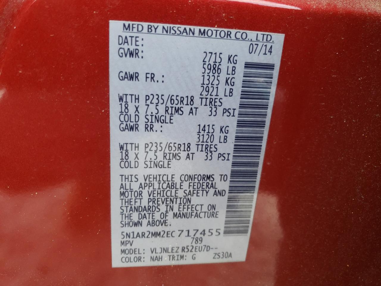 Photo 10 from auction – 2014 NISSAN PATHFINDER with VIN 5N1AR2MM2EC717455