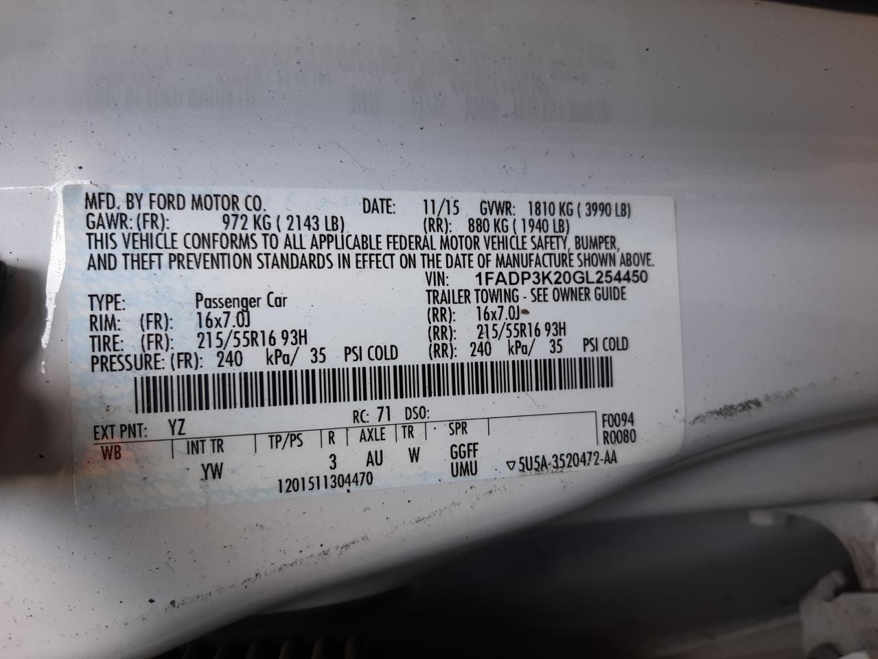 Photo 10 from auction – 2016 FORD FOCUS SE with VIN 1FADP3K20GL254450