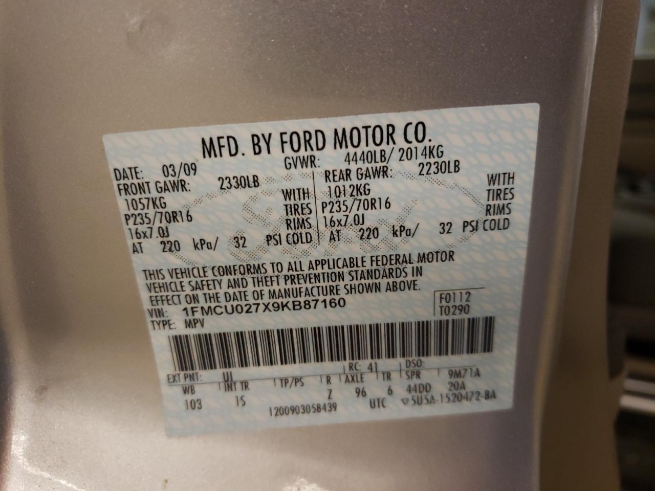 Photo 10 from auction – 2009 FORD ESCAPE XLS with VIN 1FMCU027X9KB87160