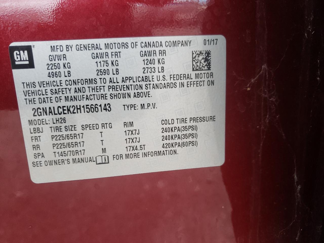 Photo 10 from auction – 2017 CHEVROLET EQUINOX LT with VIN 2GNALCEK2H1566143