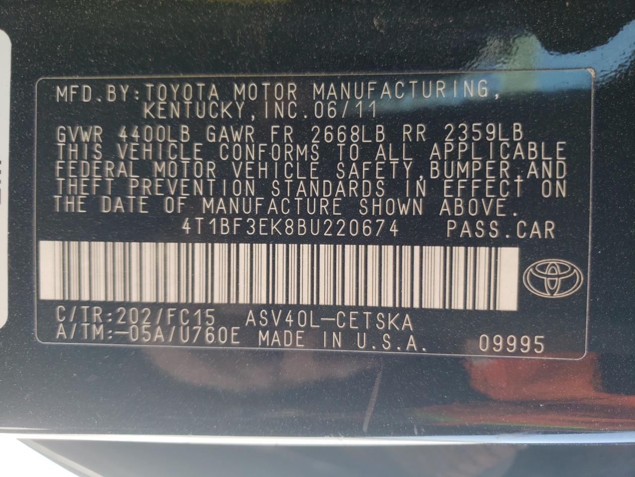 Zdjęcie 10 z aukcji – 2011 TOYOTA CAMRY BASE z VIN 4T1BF3EK8BU220674