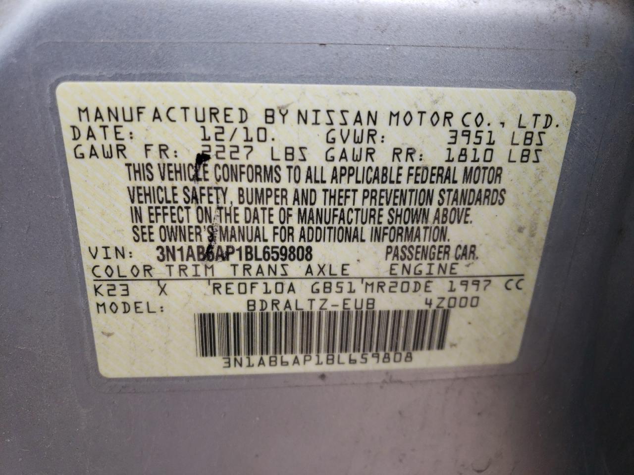 Photo 10 from auction – 2011 NISSAN SENTRA 2.0 with VIN 3N1AB6AP1BL659808