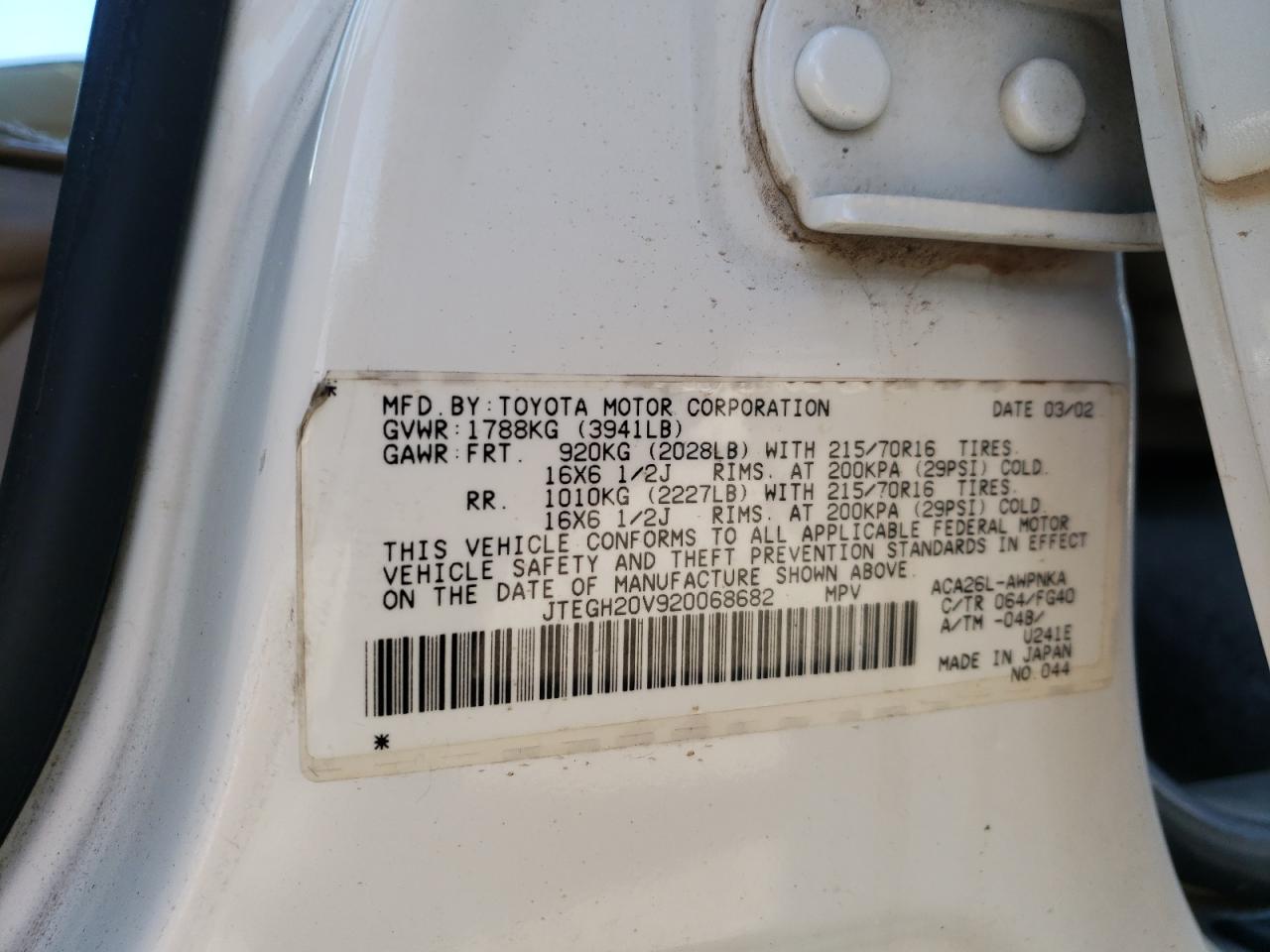 Photo 10 from auction – 2002 TOYOTA RAV4 with VIN JTEGH20V920068682