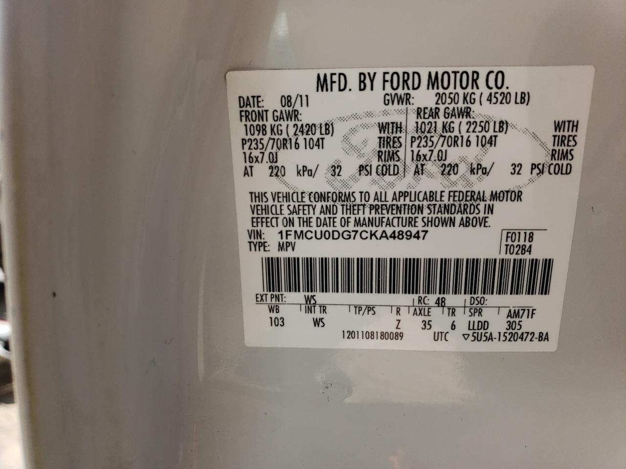 Photo 10 from auction – 2012 FORD ESCAPE XLT with VIN 1FMCU0DG7CKA48947