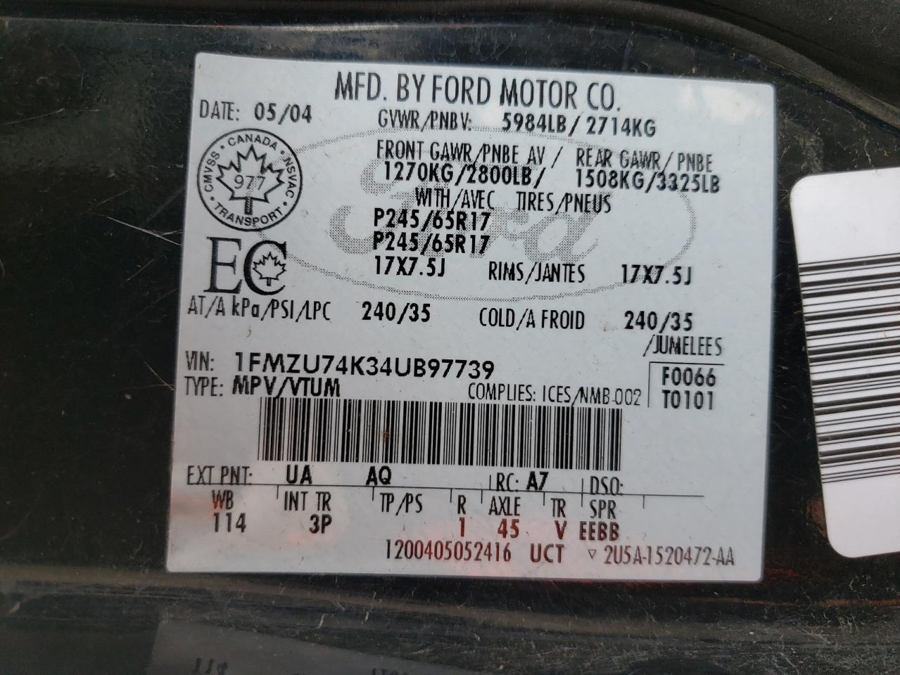 Photo 10 from auction – 2004 FORD EXPLORER E with VIN 1FMZU74K34UB97739
