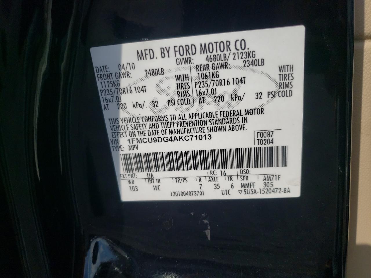 Photo 10 from auction – 2010 FORD ESCAPE XLT with VIN 1FMCU9DG4AKC71013