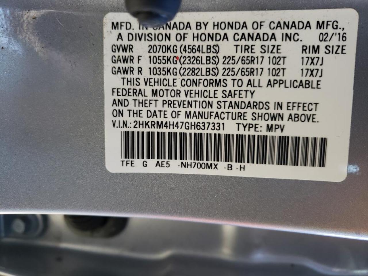 Photo 10 from auction – 2016 HONDA CR-V SE with VIN 2HKRM4H47GH637331