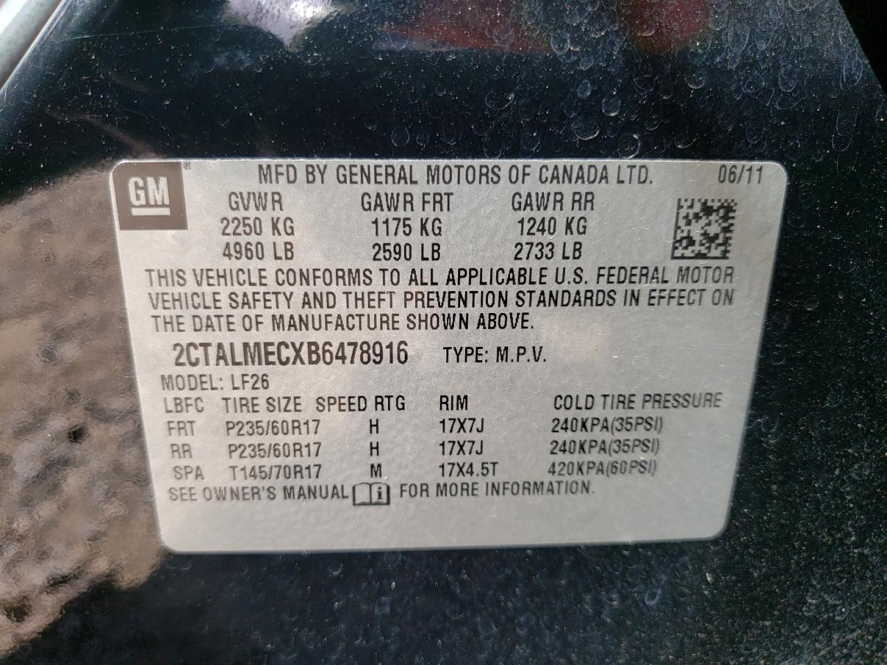Photo 10 from auction – 2011 GMC TERRAIN SL with VIN 2CTALMECXB6478916