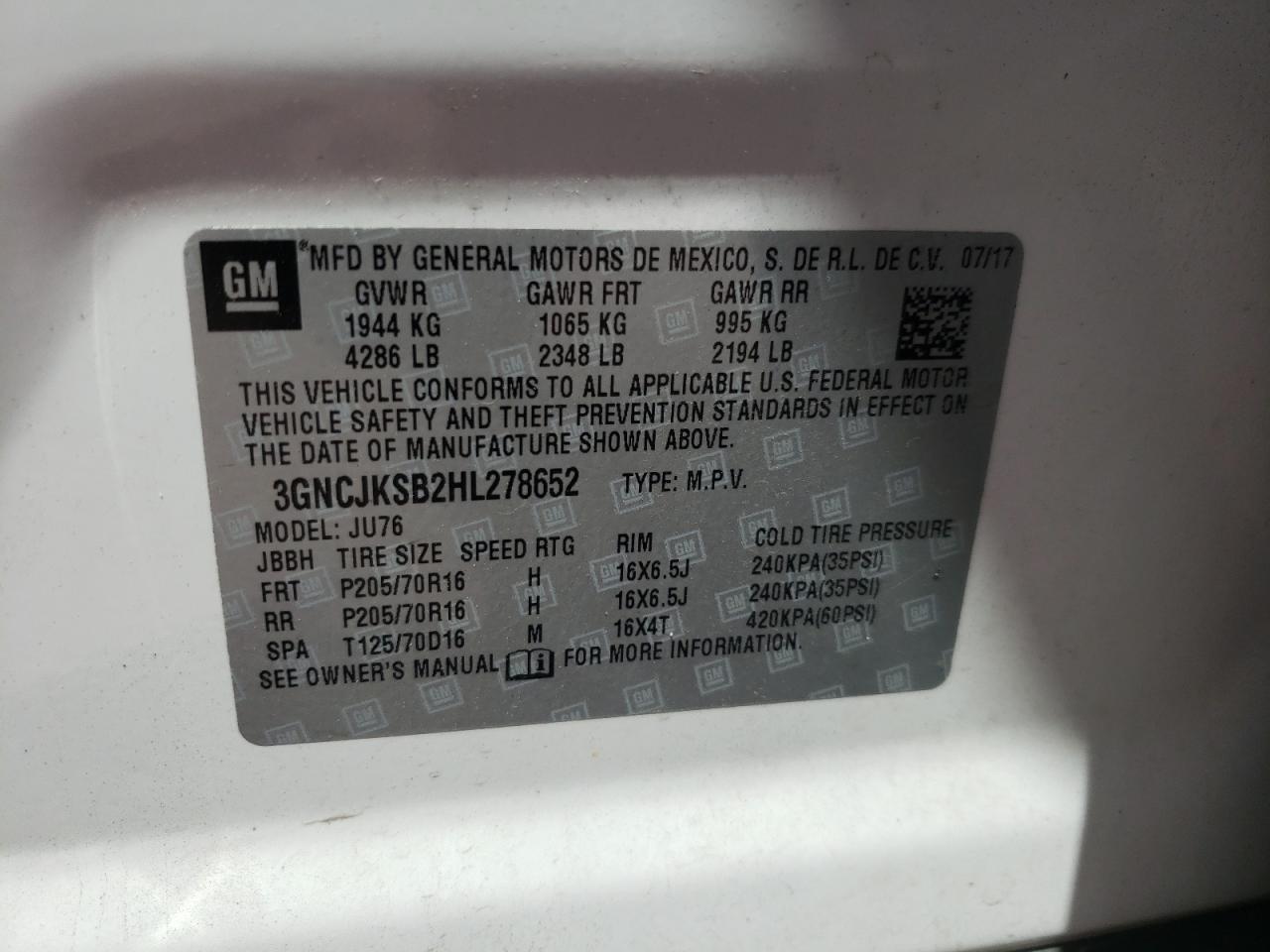 Photo 10 from auction – 2017 CHEVROLET TRAX LS with VIN 3GNCJKSB2HL278652