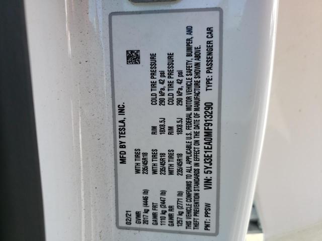 Photo 10 from auction – 2021 TESLA MODEL 3 with VIN 5YJ3E1EA0MF913290