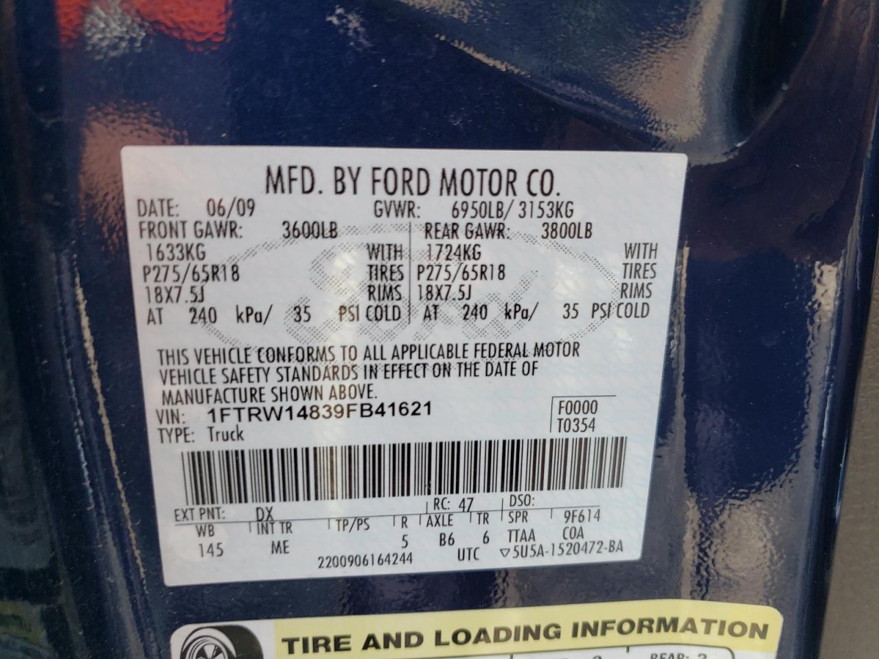 Photo 10 from auction – 2009 FORD F150 SUPER with VIN 1FTRW14839FB41621