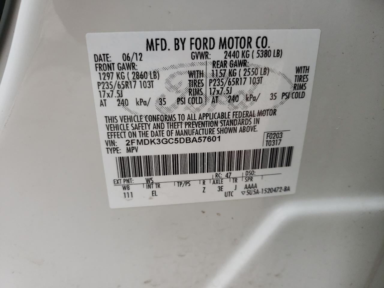 Photo 10 from auction – 2013 FORD EDGE SE with VIN 2FMDK3GC5DBA57601