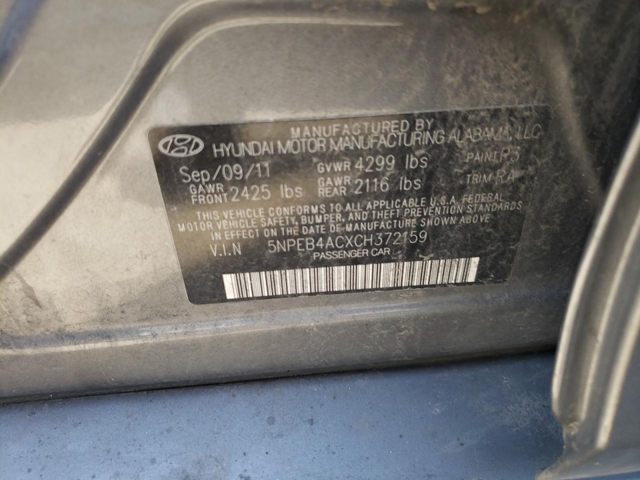 Photo 10 from auction – 2012 HYUNDAI SONATA GLS with VIN 5NPEB4ACXCH372159