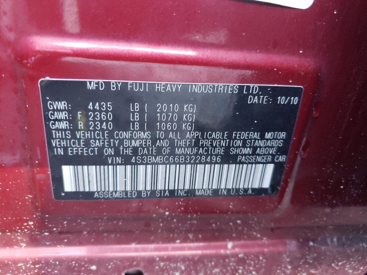 Photo 10 from auction – 2011 SUBARU LEGACY 2.5 with VIN 4S3BMBC66B3228496
