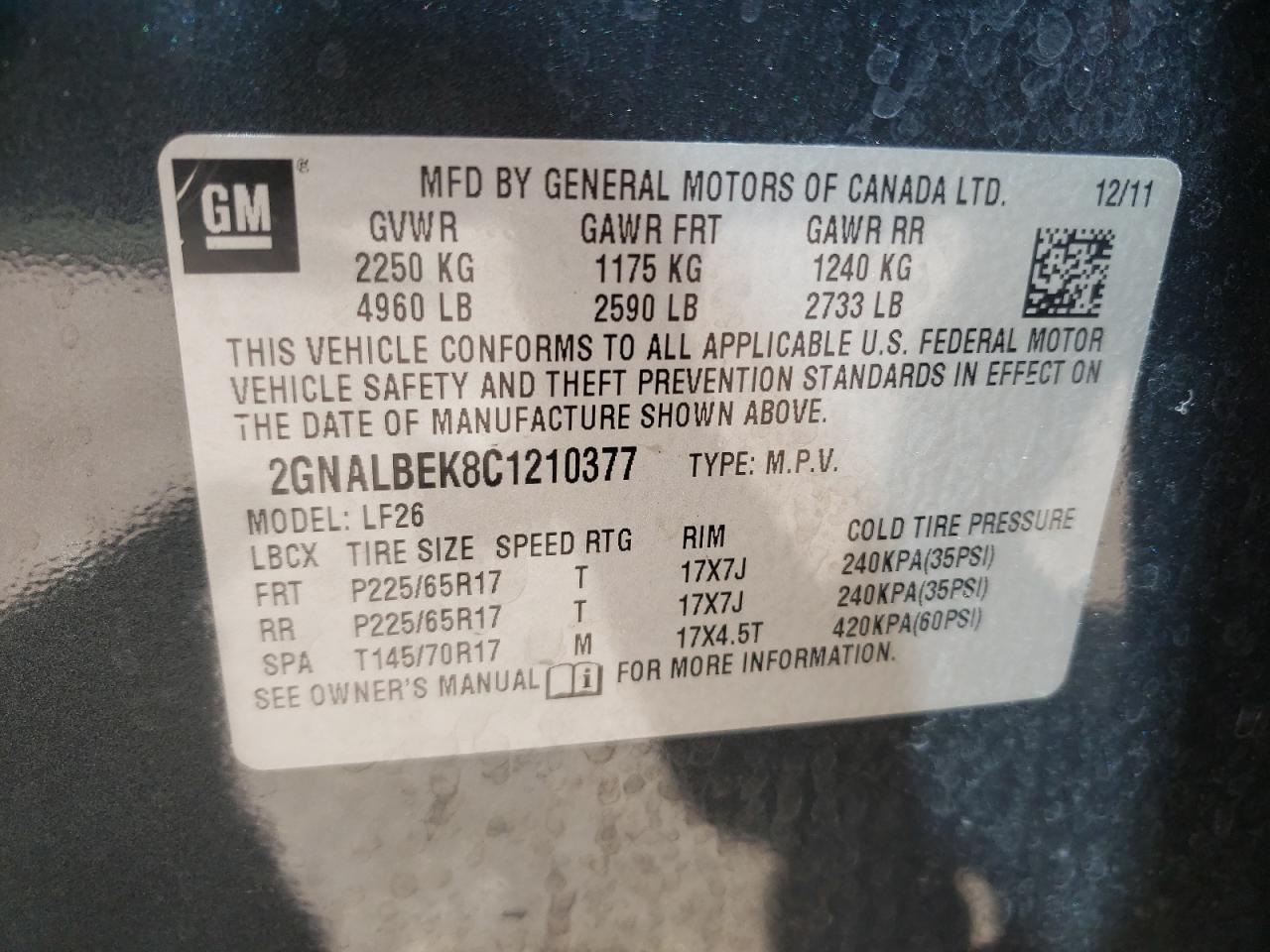 Photo 10 from auction – 2012 CHEVROLET EQUINOX LS with VIN 2GNALBEK8C1210377