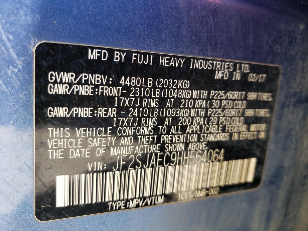 Photo 10 from auction – 2017 SUBARU FORESTER 2 with VIN JF2SJAEC9HH564064