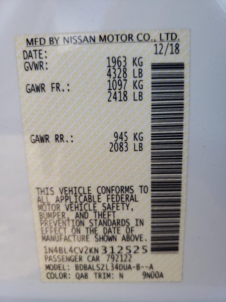 Photo 10 from auction – 2019 NISSAN ALTIMA SR with VIN 1N4BL4CV2KN312525