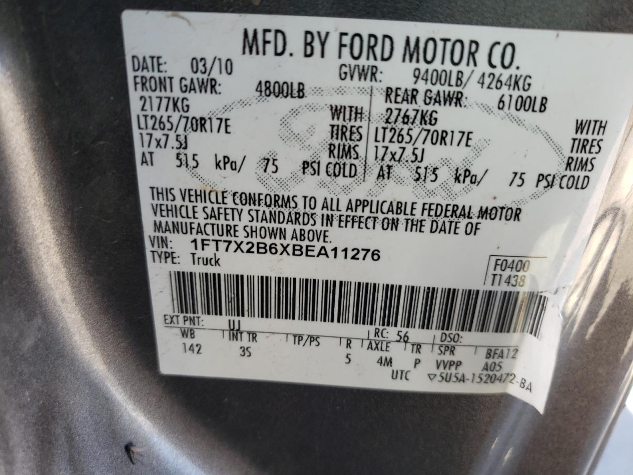 Photo 10 from auction – 2011 FORD F250 SUPER with VIN 1FT7X2B6XBEA11276
