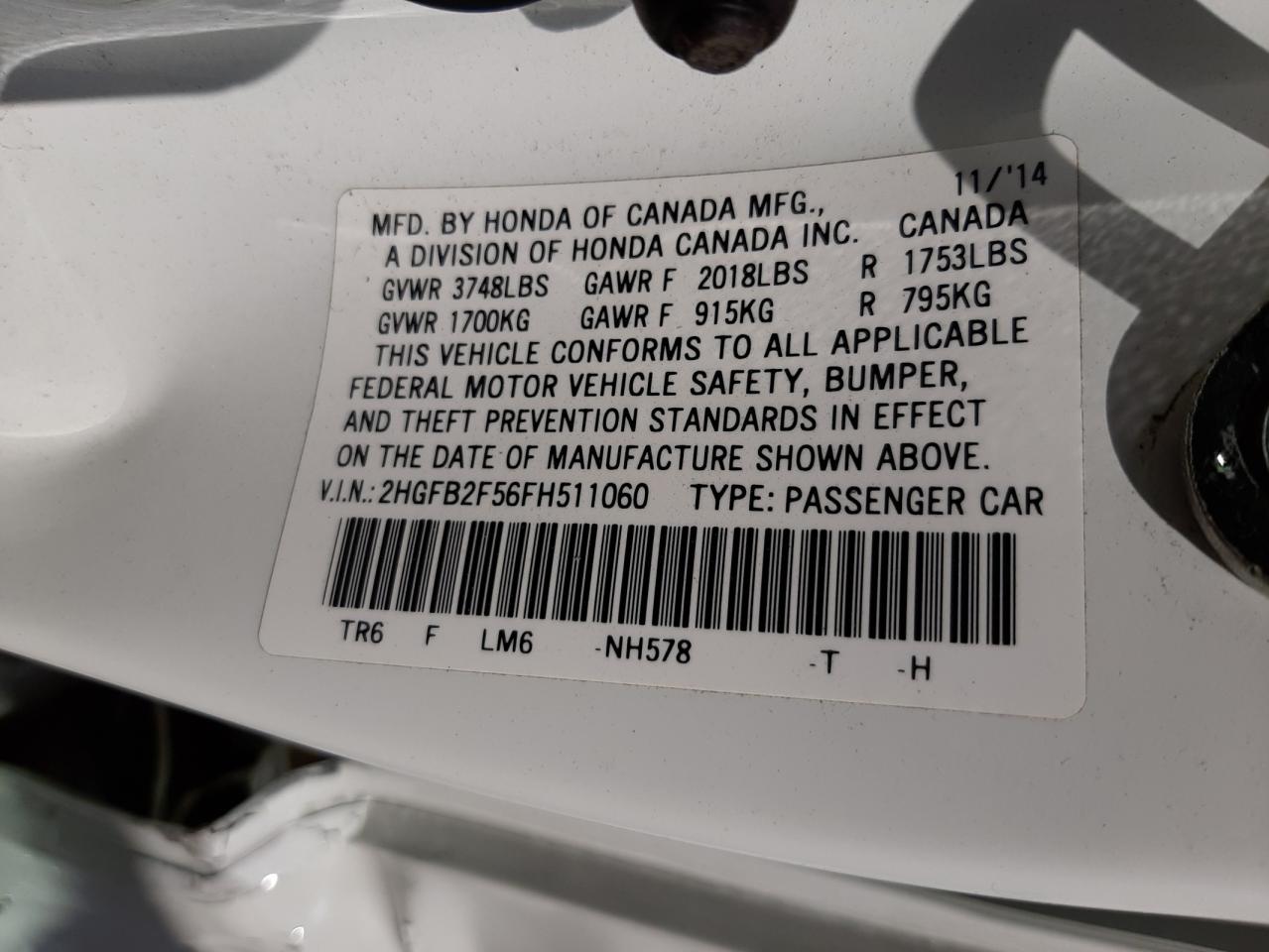 Photo 10 from auction – 2015 HONDA CIVIC LX with VIN 2HGFB2F56FH511060