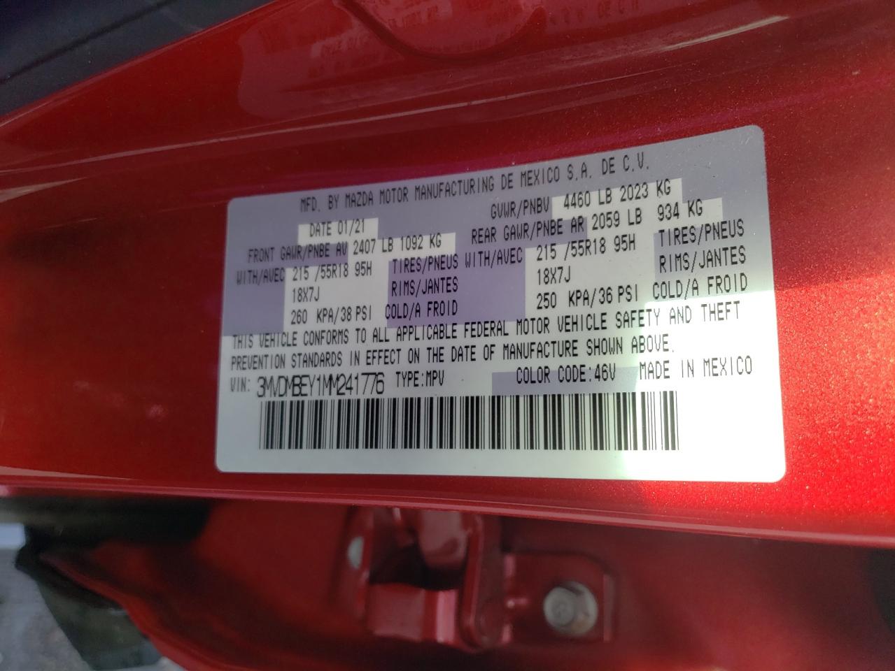 Photo 10 from auction – 2021 MAZDA CX-30 PREM with VIN 3MVDMBEY1MM241776