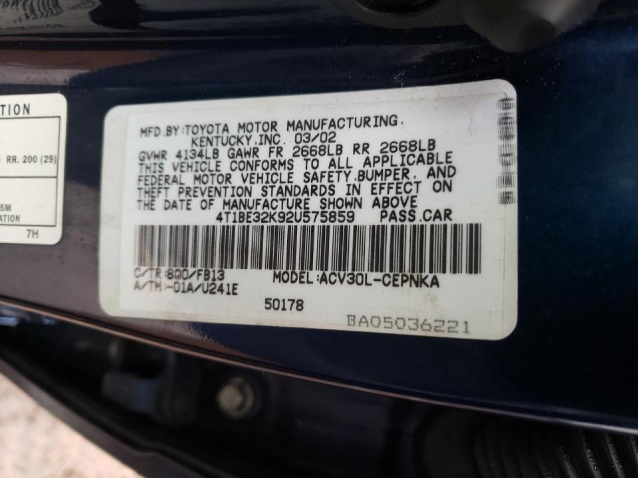 Photo 10 from auction – 2002 TOYOTA CAMRY LE with VIN 4T1BE32K92U575859