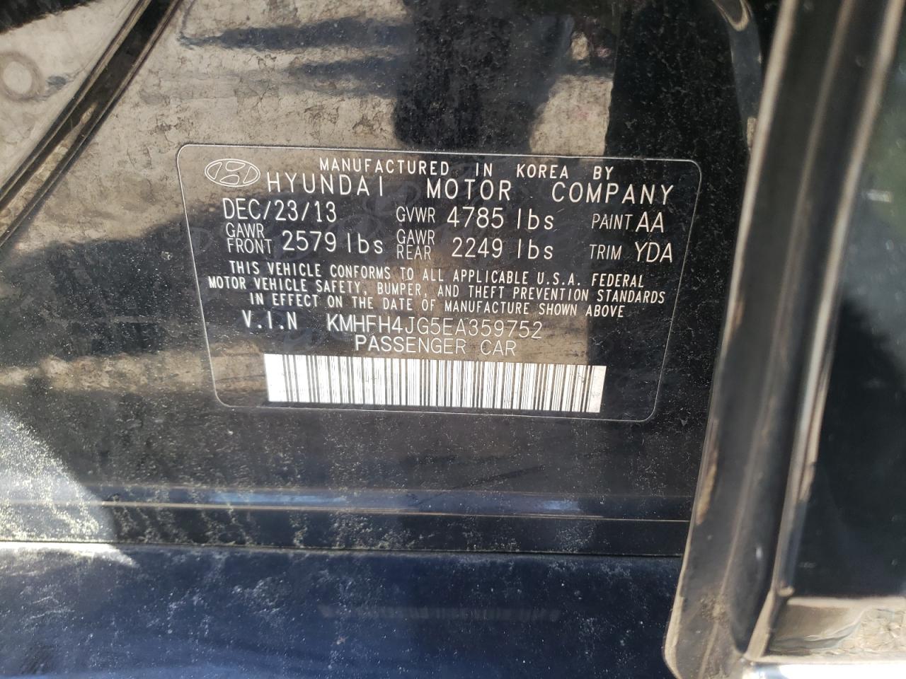 Photo 10 from auction – 2014 HYUNDAI AZERA GLS with VIN KMHFH4JG5EA359752