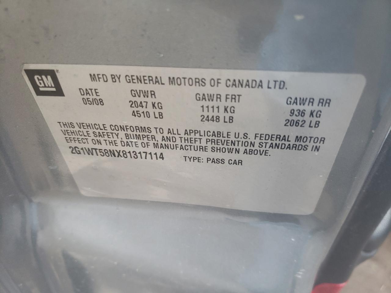 Photo 10 from auction – 2008 CHEVROLET IMPALA LT with VIN 2G1WT58NX81317114