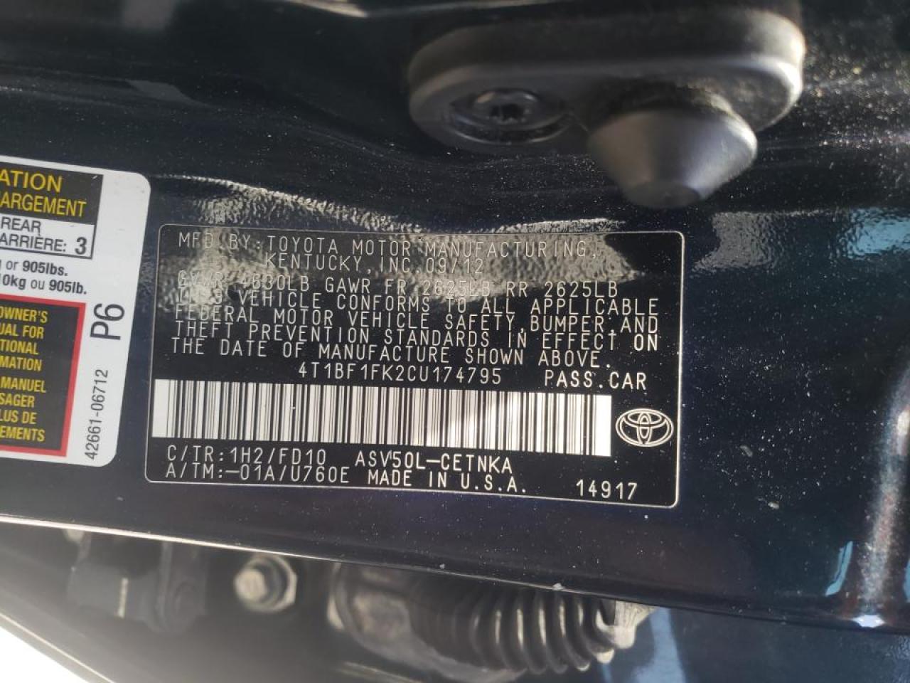 Photo 10 from auction – 2012 TOYOTA CAMRY with VIN 4T1BF1FK2CU174795